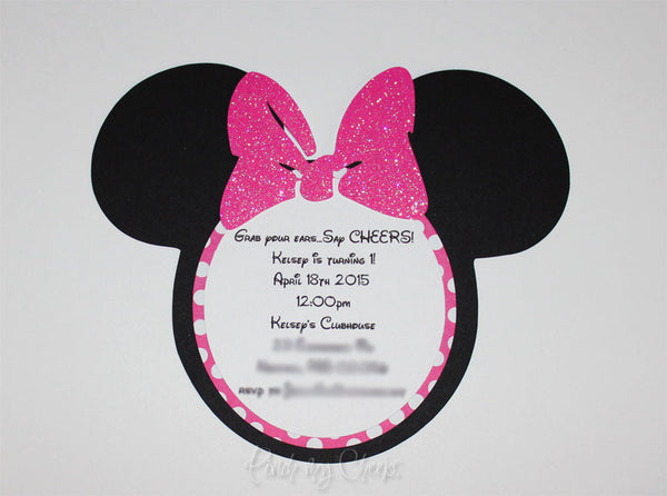 Minnie Mouse Invitations Hot Pink Glitter Bow with Pink Polka Dots