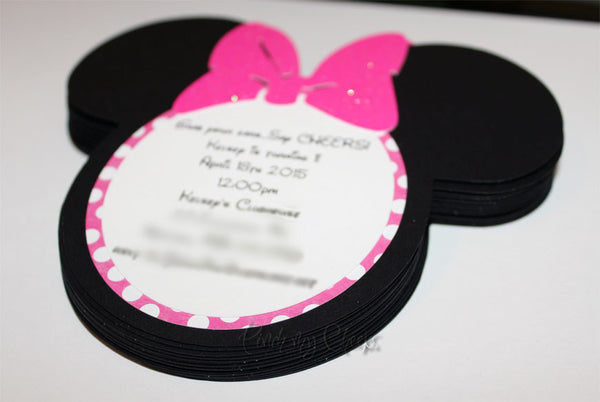 Minnie Mouse Invitations Hot Pink Glitter Bow with Pink Polka Dots