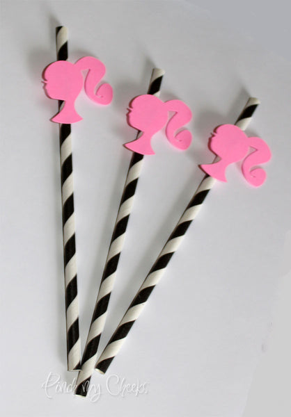 HOT Pink Barbie with Black striped Straws