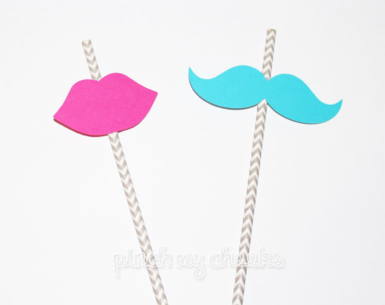 Gender Reveal Party Straws Mustache Lips 12 pieces